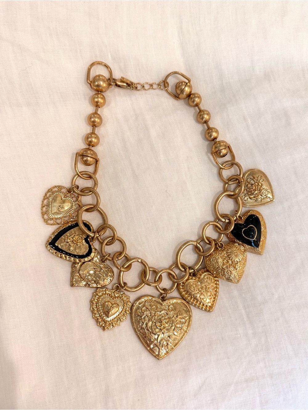 Gold Heart Charms Vintage Heavy Statement Necklace - Women Jewelry